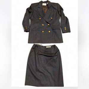Lord & Taylor vintage Gray Blazer and Skirt Set with Gold Buttons